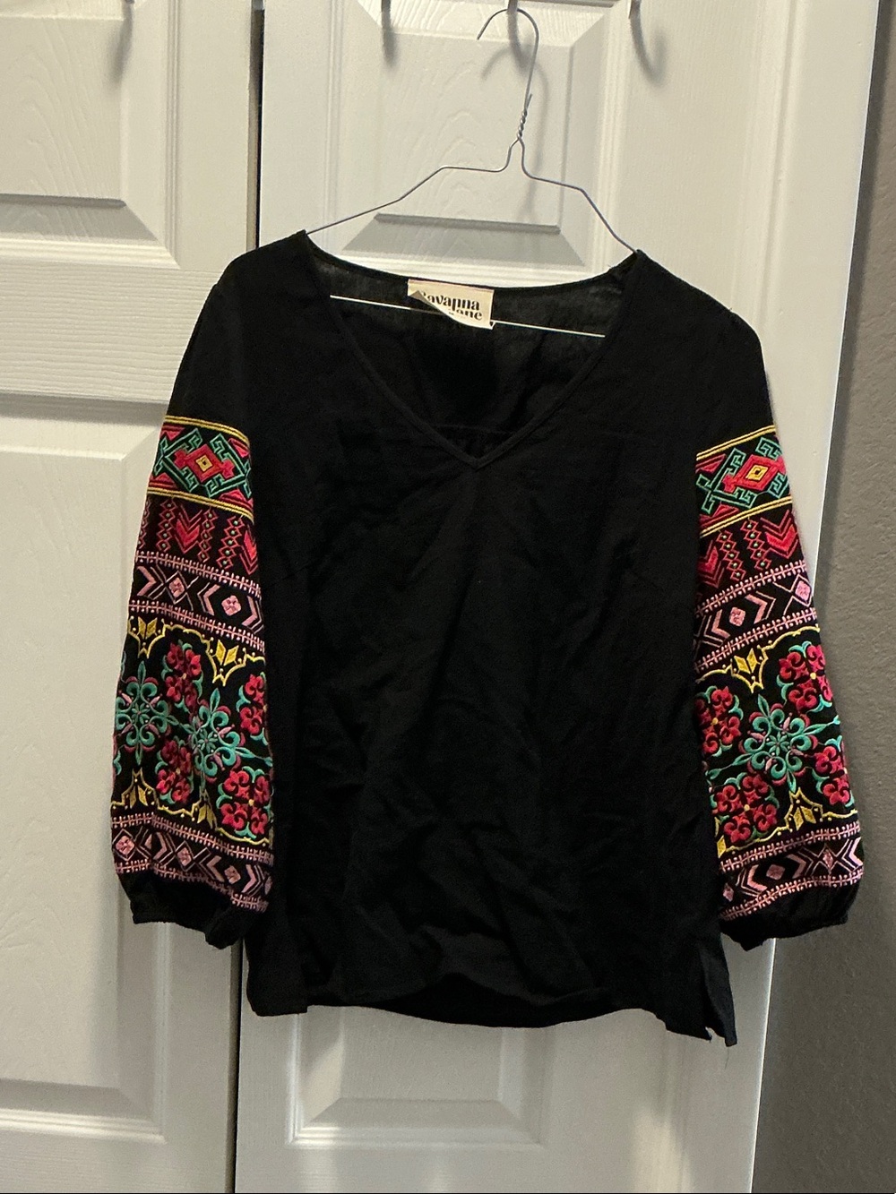 Savanna Jane Black V-Neck Top with Multicolor Embroidered Sleeves